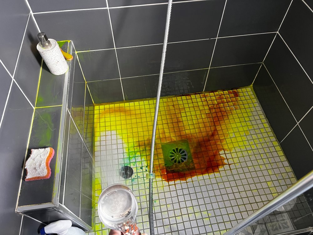 détection de fuite avec fluorescéine sur un bac à douche à Agay